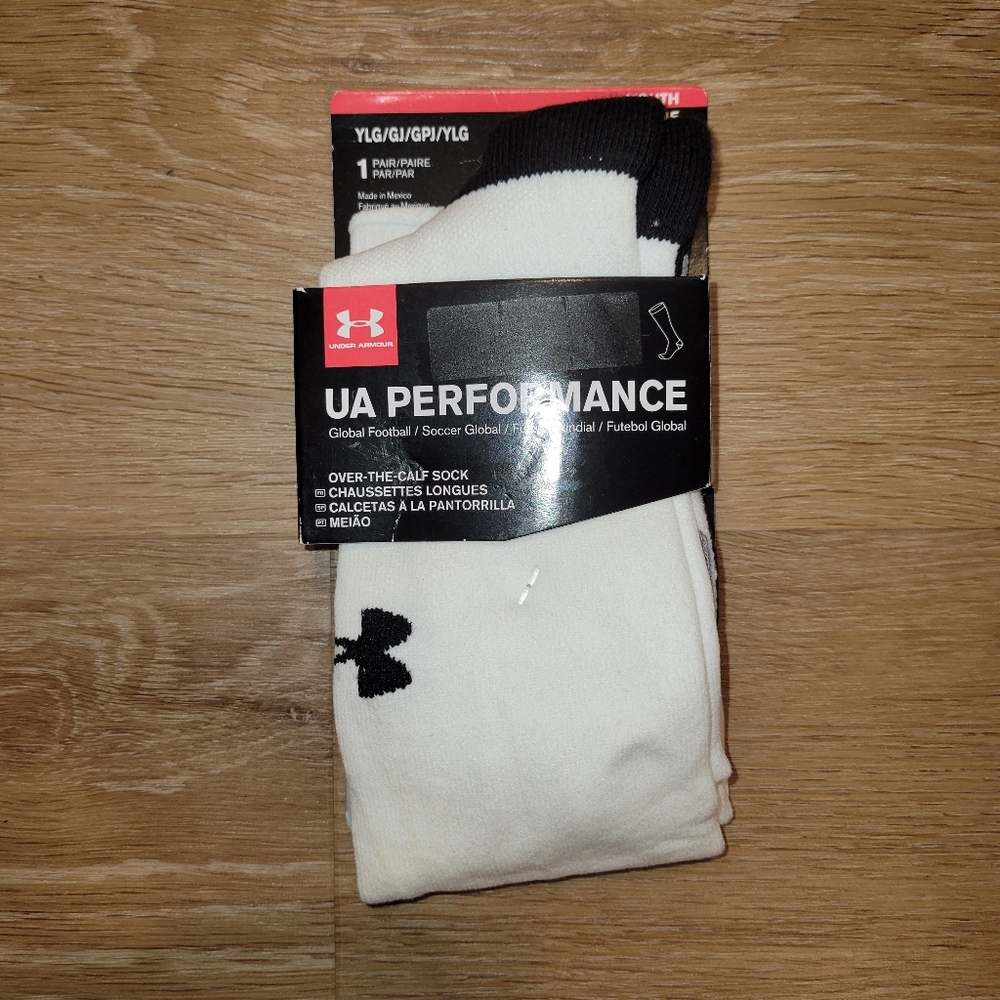 Under Armour UA Performance White Black Soccer Socks Youth Large New